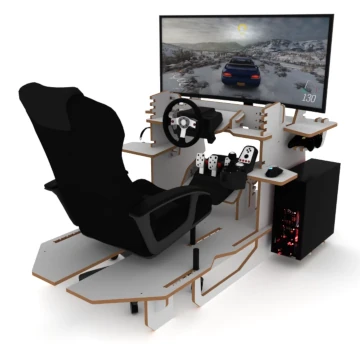 Rendered image of my Rockpit Sim Racing Cockpit design in white melamine MDF equipped with simulation racing gear.