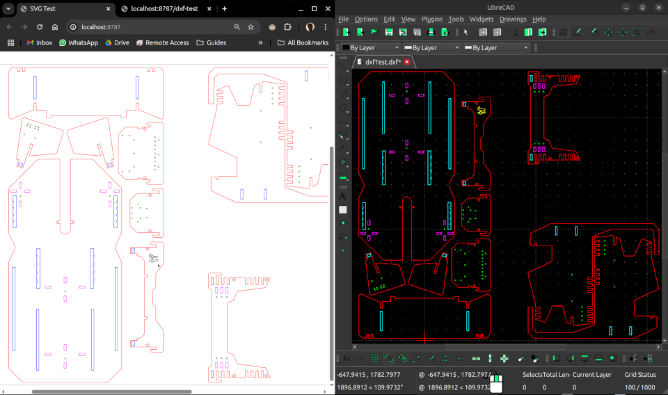 Screenshot of the SVG (left) and DXF (right) partial plans of Rockpit generated by ModMaker