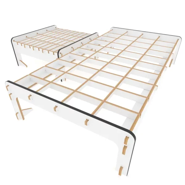 A complete bed (with slats grid) adjustable to a wide range of dimensions from a square 750x750 mm bed for pets or whatever, up to a fully sized 38x75 in (965x1905 mm) US Twin bed.