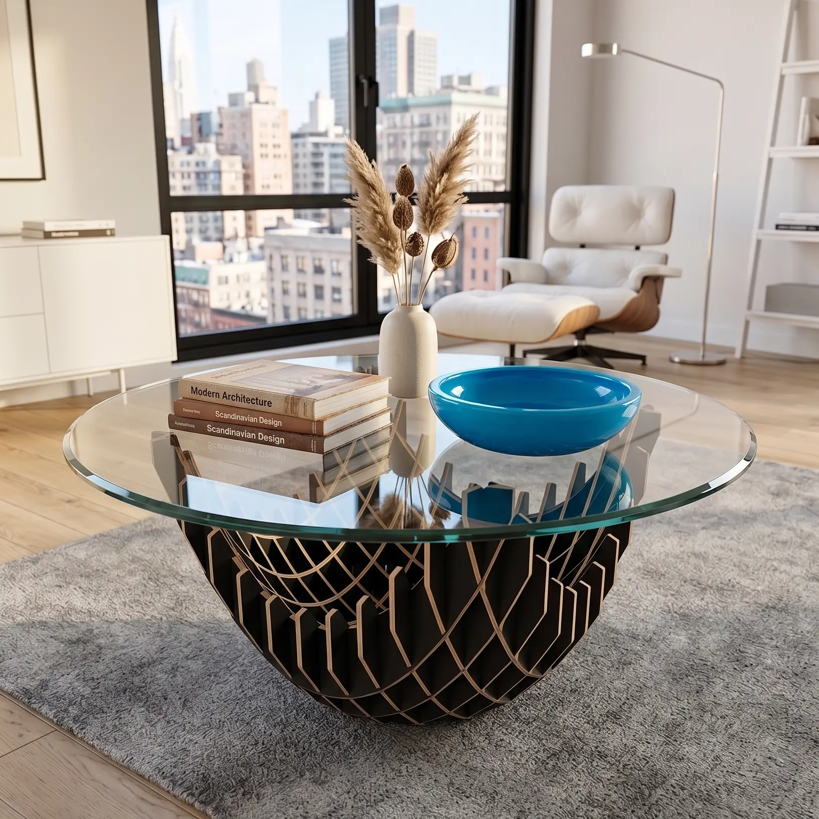 Modern solid black + plywood coffee table with curvy grid legs, CNC ready design rendered in a sunlit minimalistic living room.