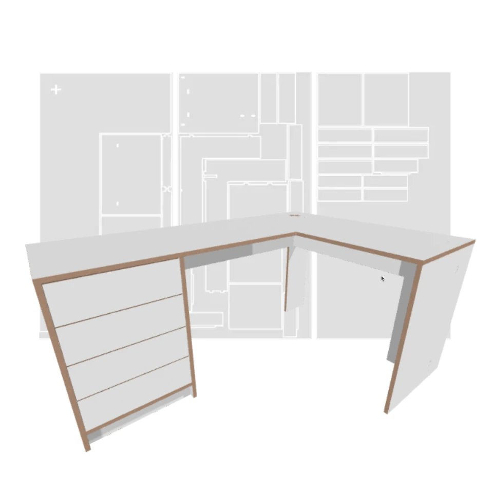 Parametric L shaped desk with drawers CNC plans generator in DXF and SVG