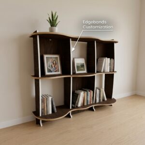 3D render of the Wavy Standing Bookshelf highlighting the new automated edge-banding visualization feature in ModMaker, showing contrasting edge textures on the curved shelves.