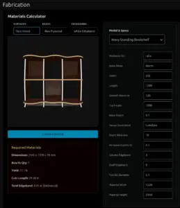 Wavy Standing Bookshelf M1 CNC furniture plan highlighting the new ModMaker automated edgebanding visualization and real-time quotation features.