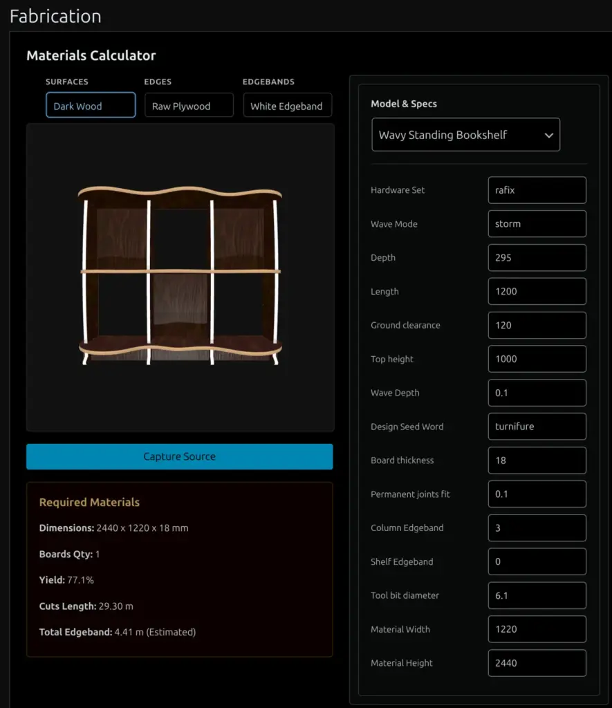 Wavy Standing Bookshelf M1 CNC furniture plan highlighting the new ModMaker automated edgebanding visualization and real-time quotation features.