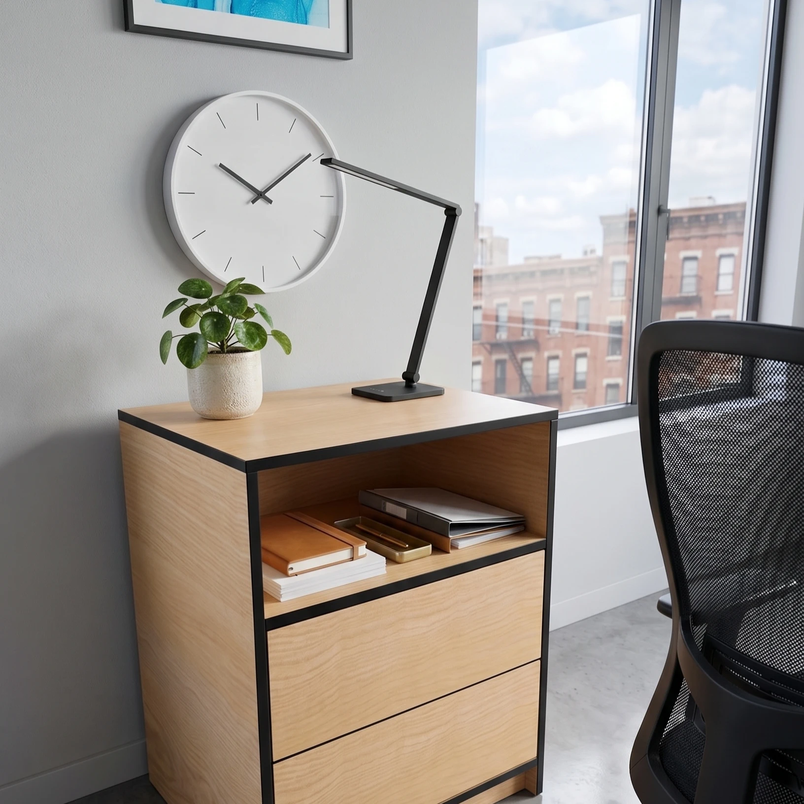 Modern minimalist birch wood printer stand with drawers and open shelf in a bright home office setting.