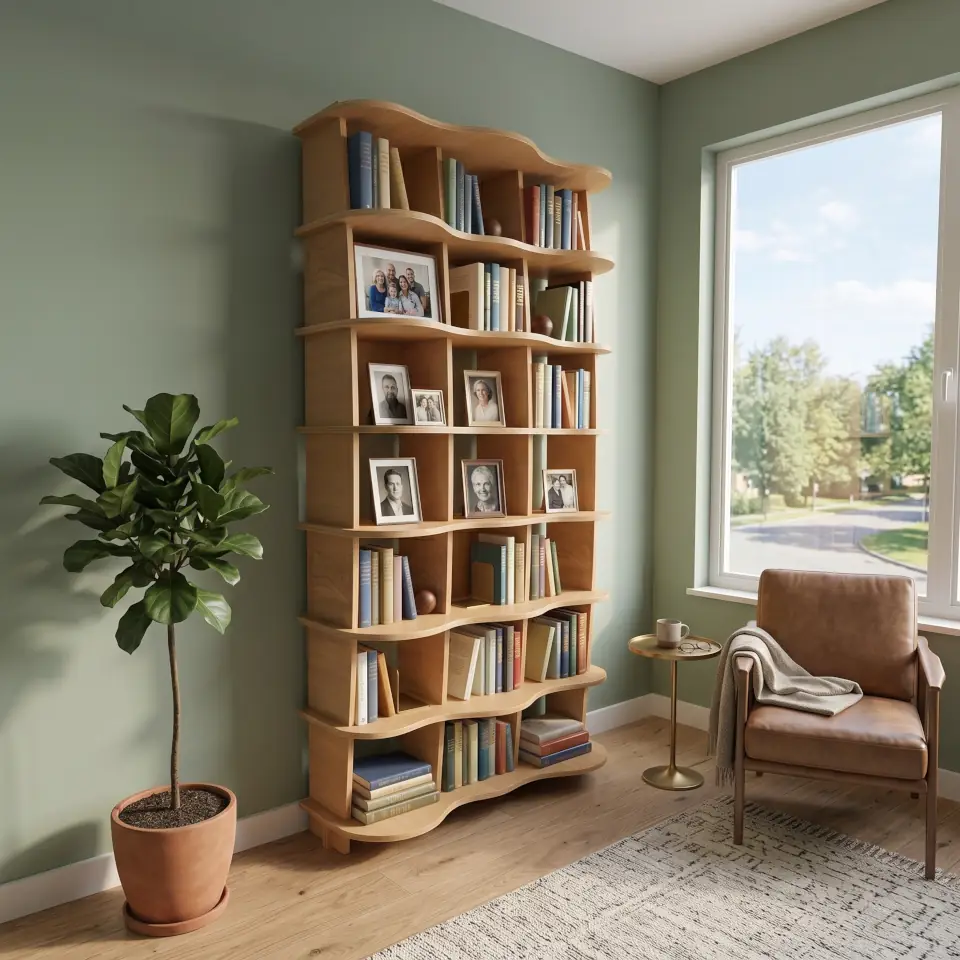Parametric Wavy Standing Bookshelf CNC model displayed with real-time parametric recipe wireframes