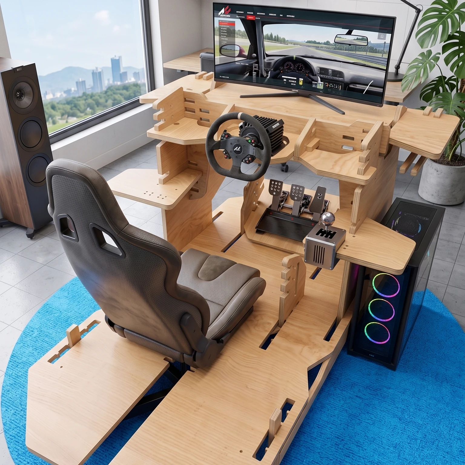 Modern CNC-cut plywood racing cockpit in a bright home studio with clear sky view.