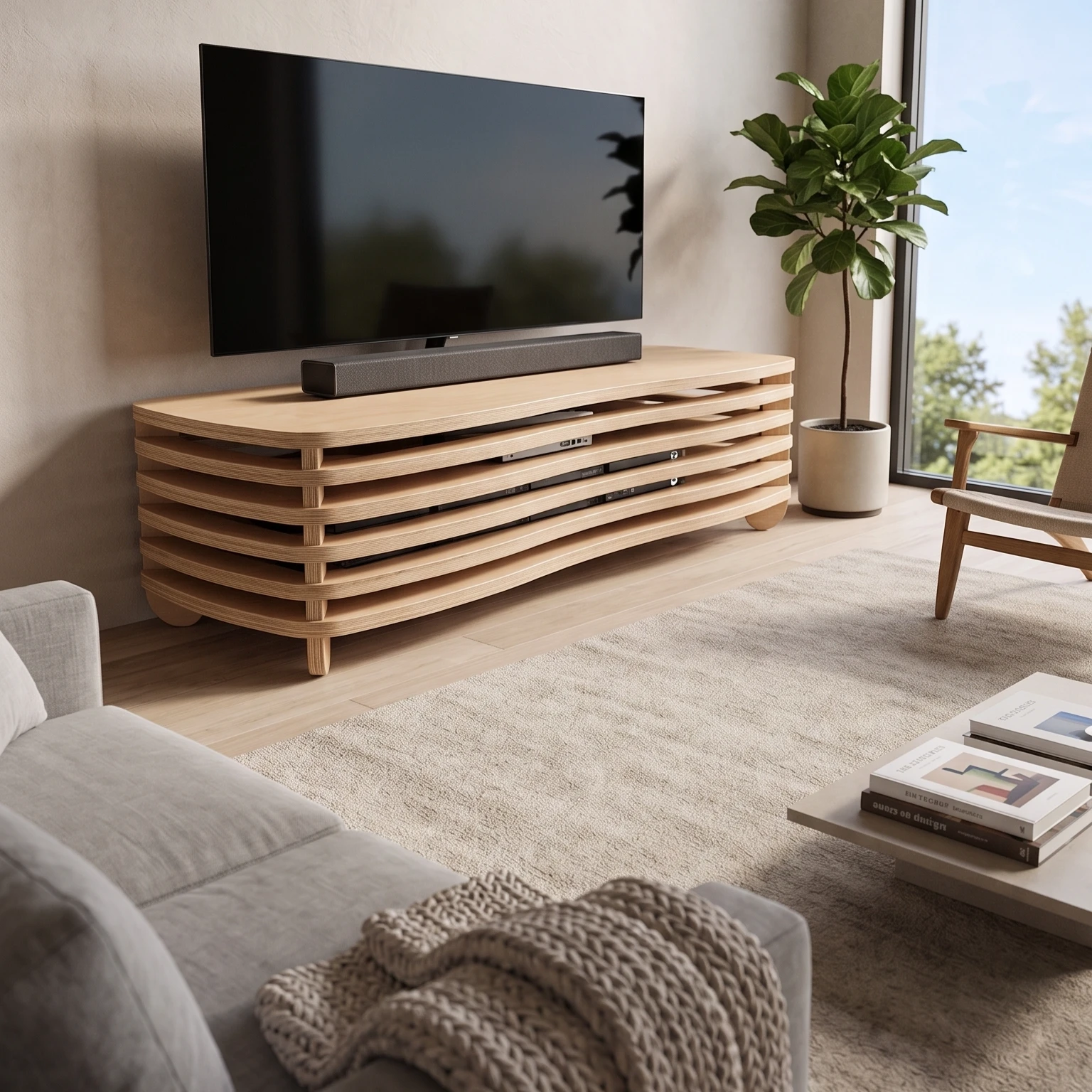 Modern low profile Wavy TV Rack in Birch woodgrain with exposed plywood edges, styled in a sunlit minimalist living room with clear blue skies visible through the window.