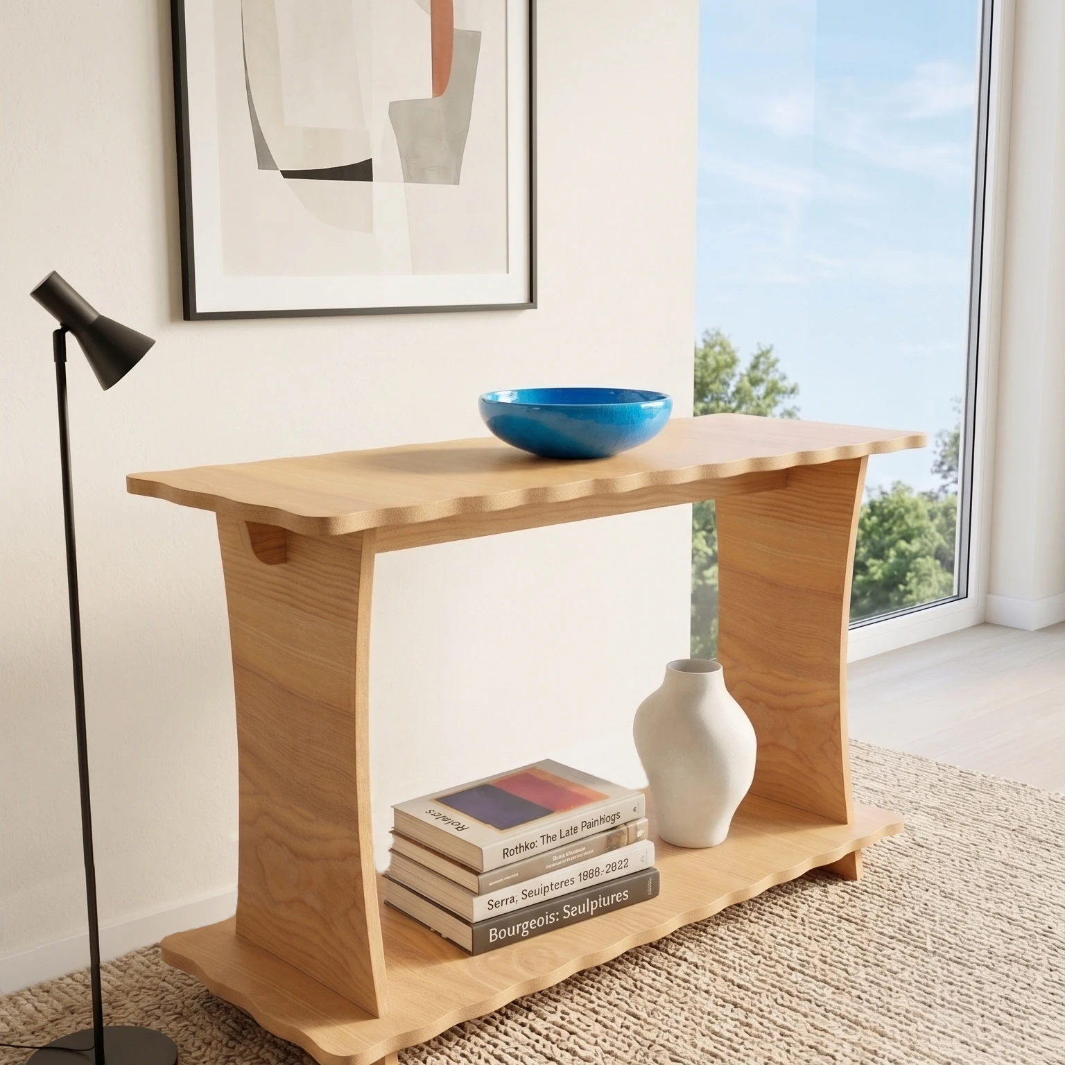 A modern, narrow wavy wall table made of light birch wood with raw MDF edges, styled in a minimalist, bright living space with a clear sky view.