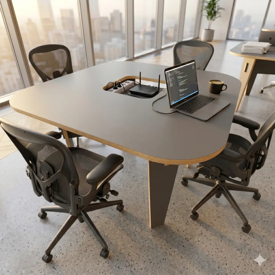 Large square CNC-cut CoWork table in Birch plywood featuring a recessed central shelf for cable management and power strips.