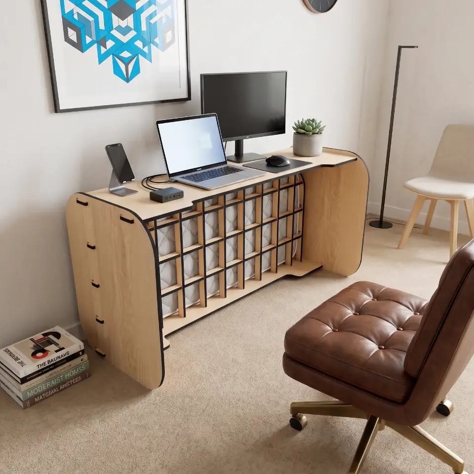 Custom Nordic Birch deskbed combination with a modern minimalist aesthetic for small home offices.