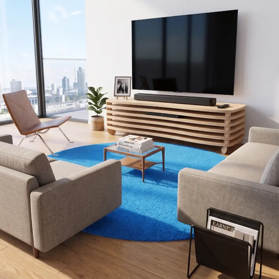Minimalist low-profile Wavy TV Rack in Birch wood with exposed plywood edges, featuring a soundbar and OLED TV in a sunlit modern interior.