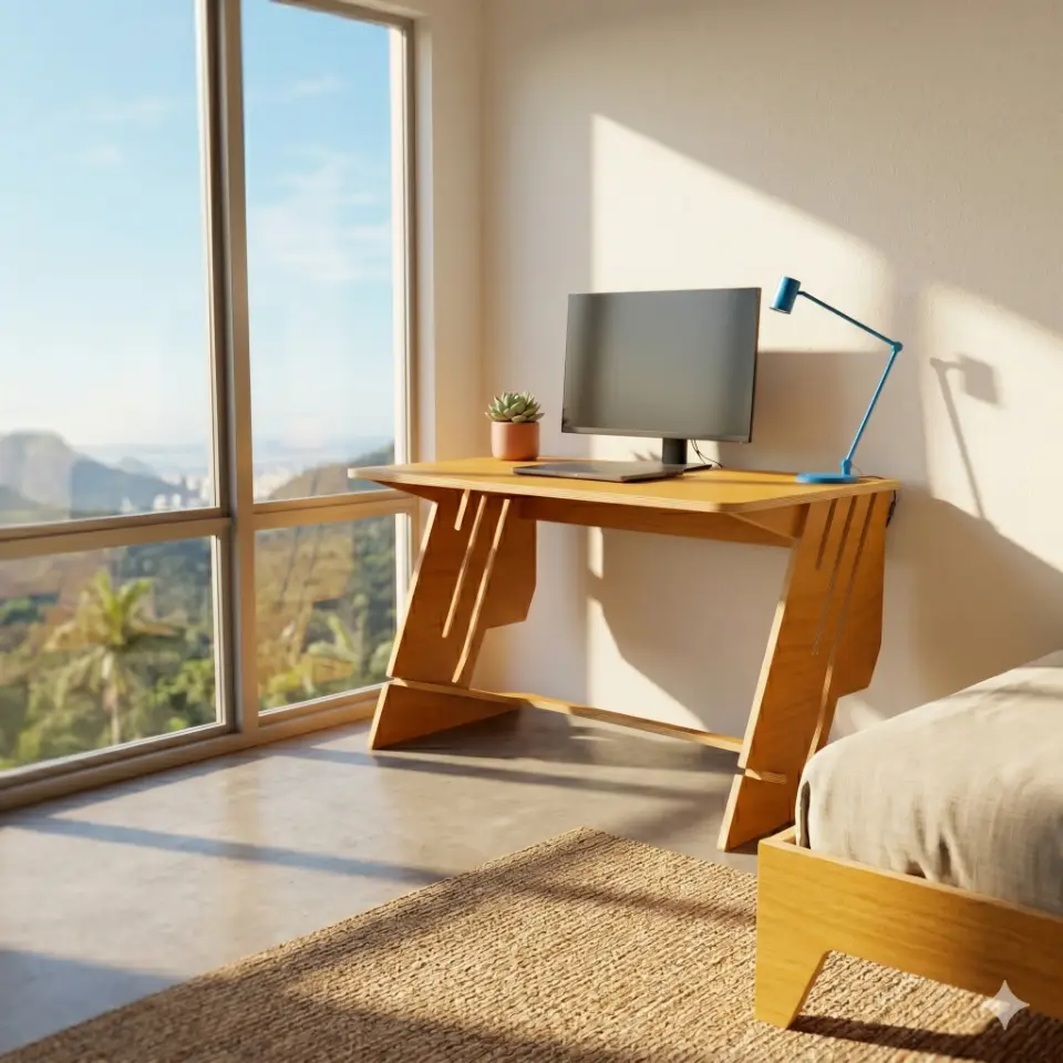 A photorealistic render of the zTandingDesk standing desk with Osange woodgrain surfaces and exposed plywood edges in a bright modern office with a clear sky view.
