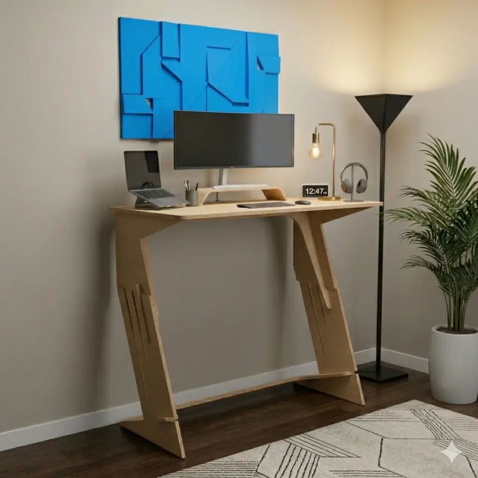A modern zTandingDesk with Birch woodgrain surfaces and raw plywood edges, featuring a minimalist design suitable for home offices. The desk is adjustable in height and stands in a softly lit, contemporary workspace, accented by a bold HEX #0098ff colored wall art.