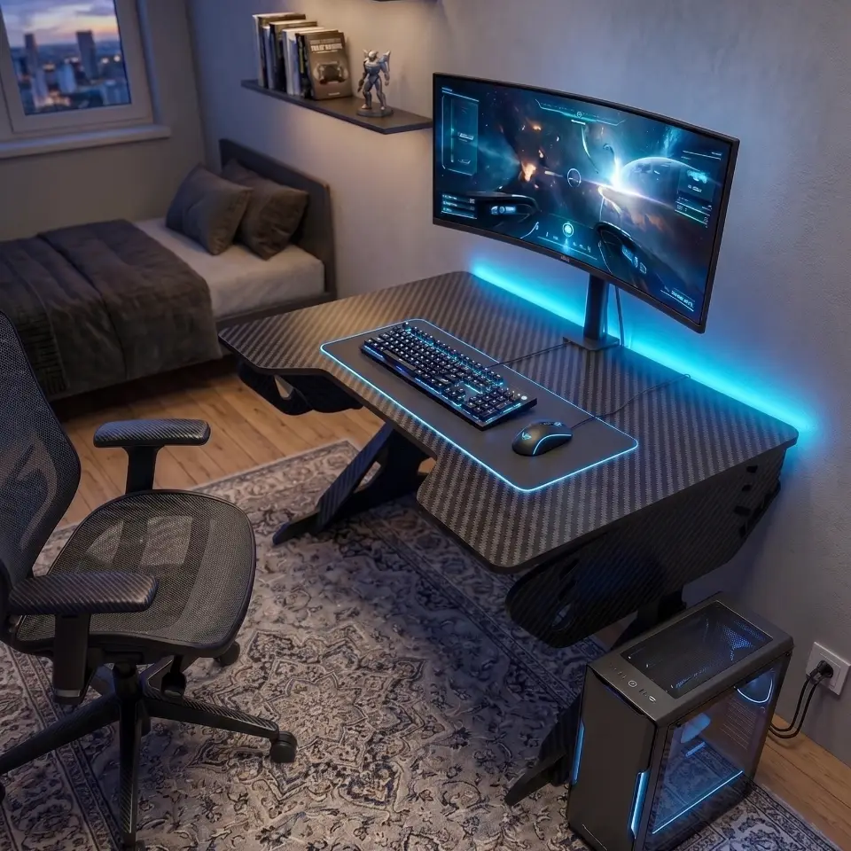 Modern minimalist gaming desk made of Birch wood with adjustable height and inclination, designed for CNC machining.