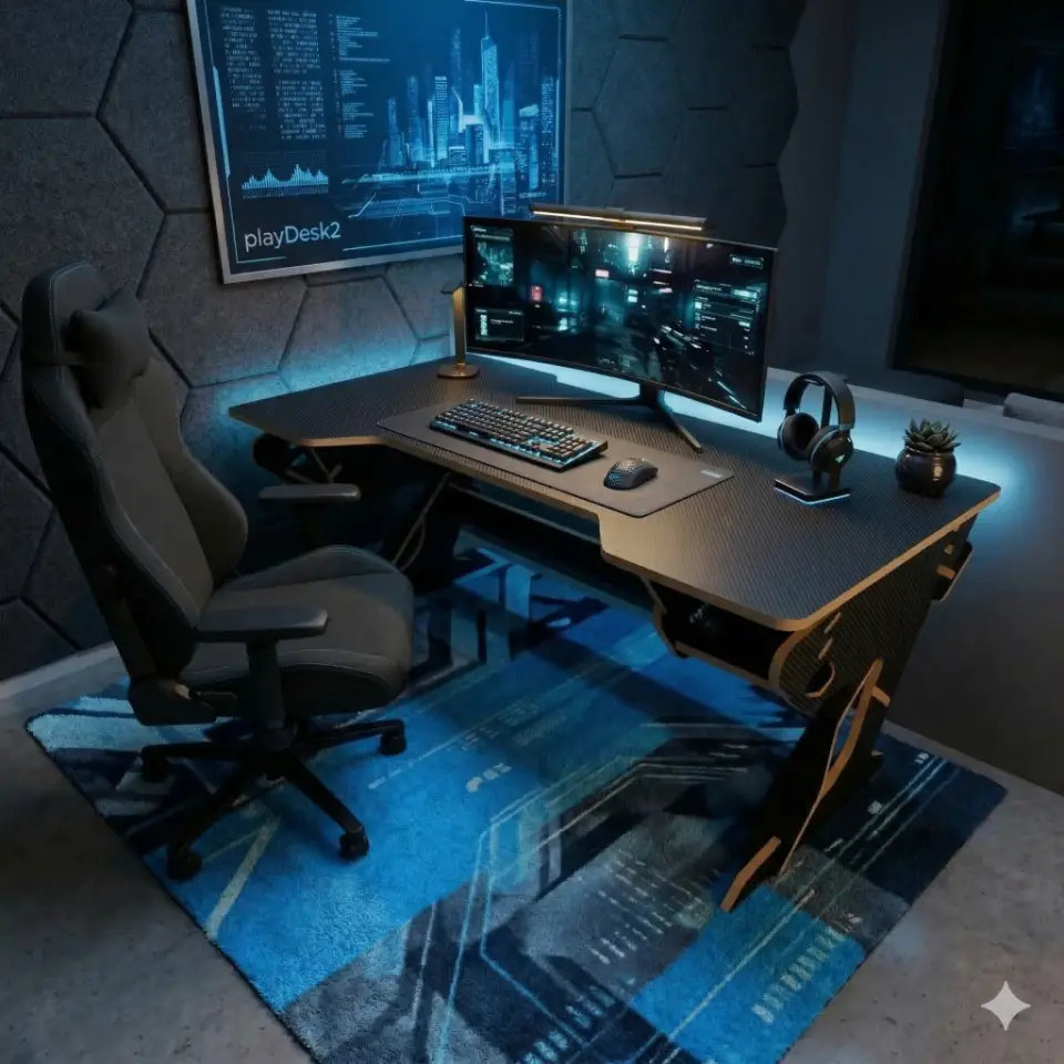 Modern minimalist gaming desk made of carbon fiber vinyl surfaces with adjustable height and inclination, designed for CNC machining.