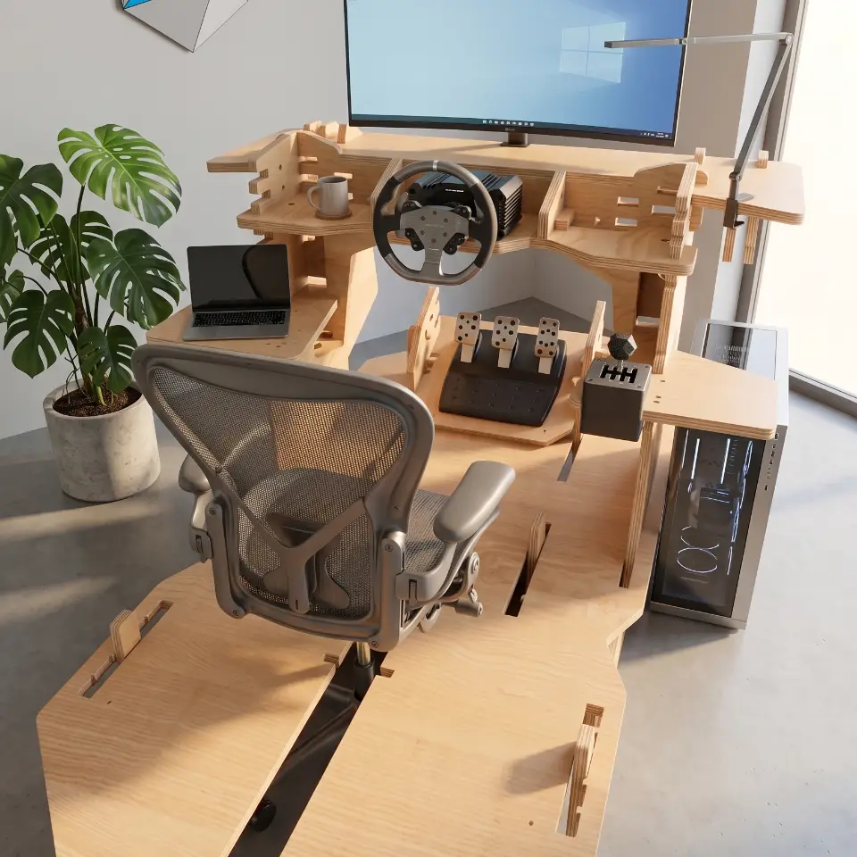 A modern Nordic-style birch wood standing desk with exposed plywood edges in a bright home office.