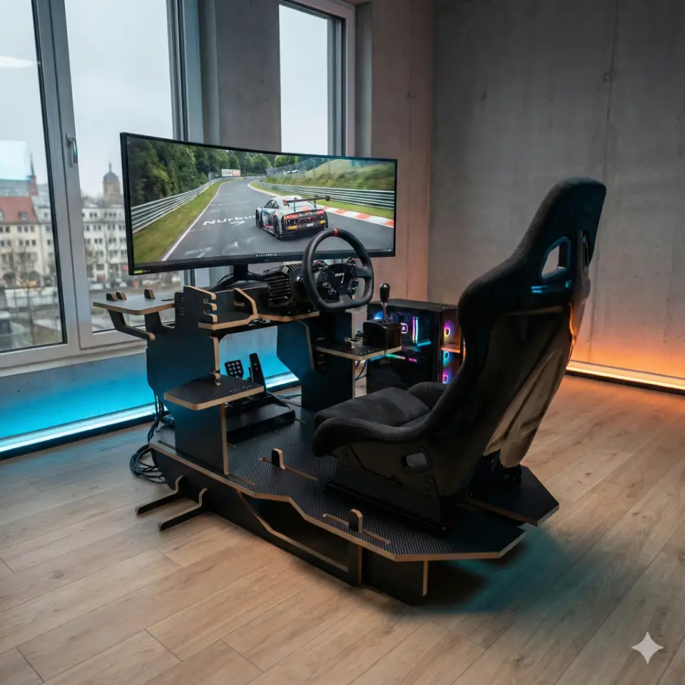 Concept render of our Rockpit sim racing rig design in carbon fiber vinyl surface and raw MDF edges.