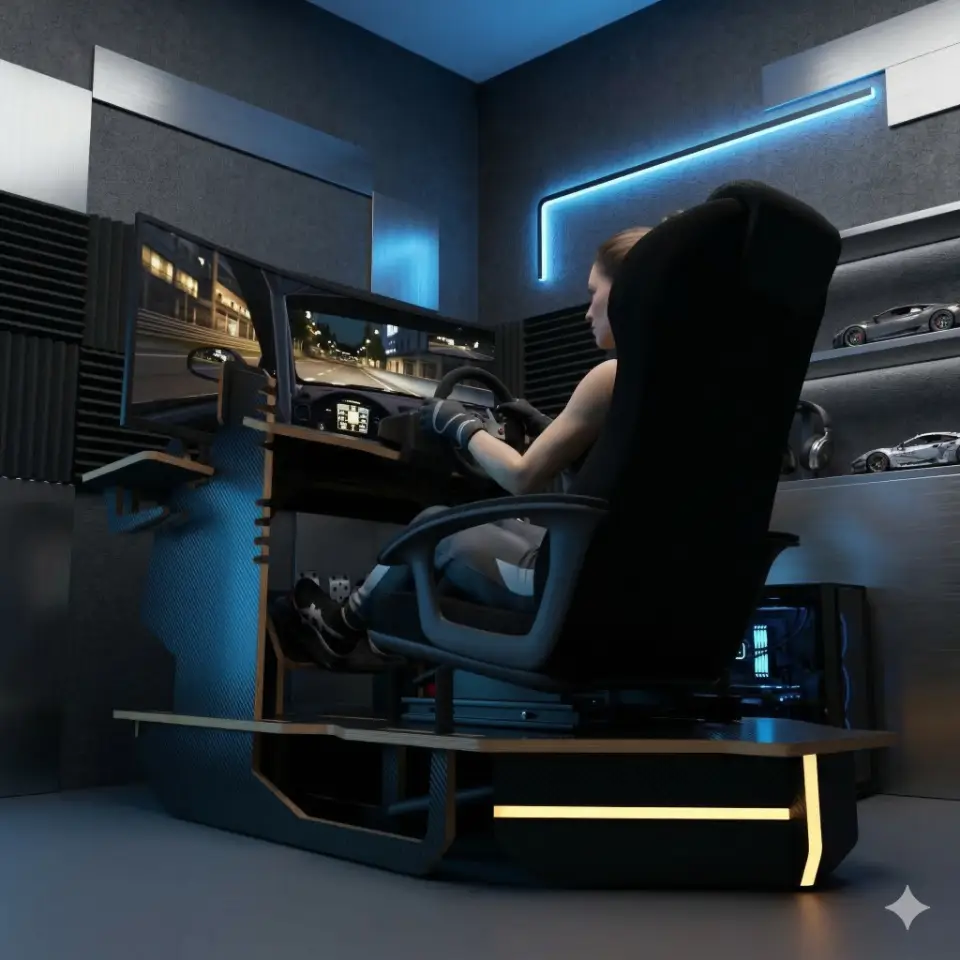Concept render of our Rockpit sim racing rig design in carbon fiber vinyl surface and raw MDF edges.