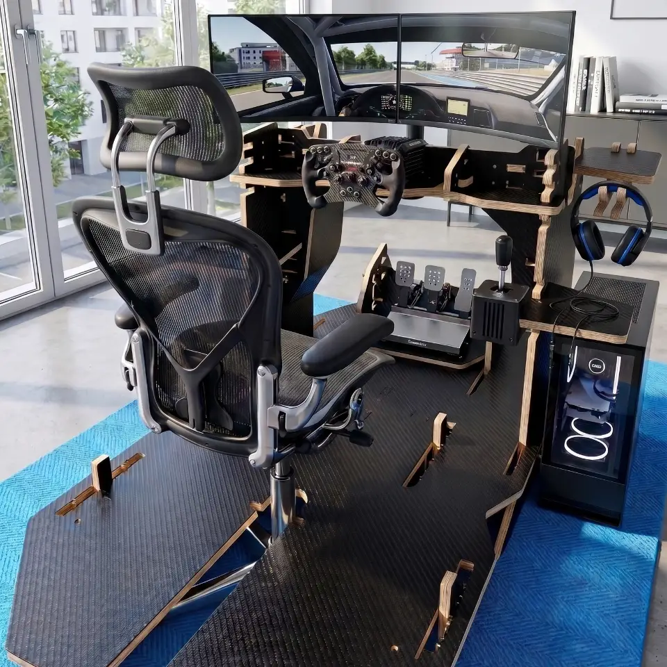 A photorealistic Rockpit Sim Racing Cockpit with carbon fiber finish and exposed plywood edges, set in a modern apartment with clear skies visible through the window.