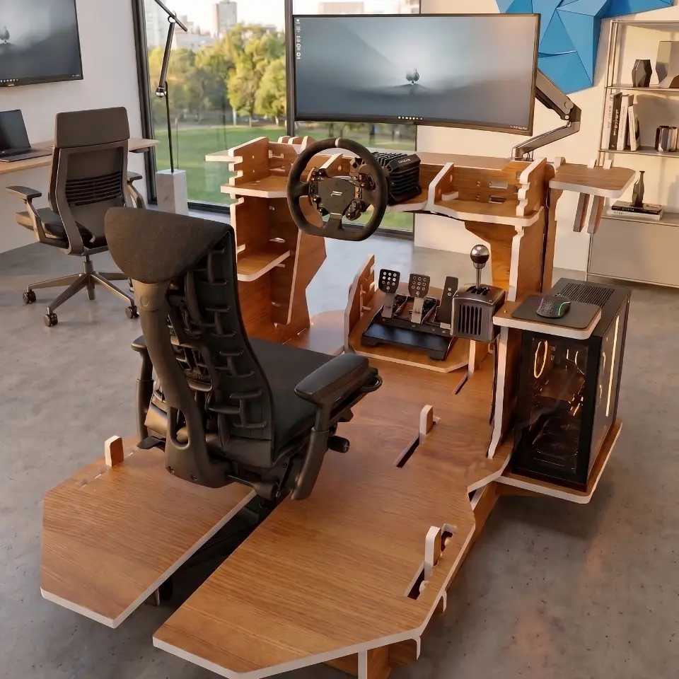 Custom CNC-machined wooden racing cockpit in a modern light-filled home office with clear sky view.