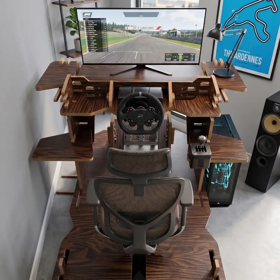 High-end Zebrano wood sim racing cockpit in a modern room with clear sky view, featuring integrated gaming setup and clean CNC-cut furniture design.