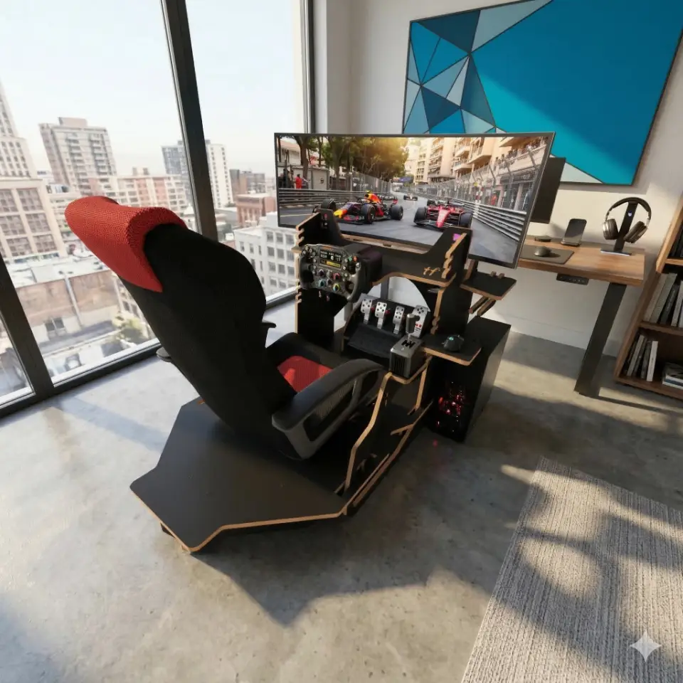 Concept render of our Rockpit sim racing rig design in solid black melamine and raw MDF edges.