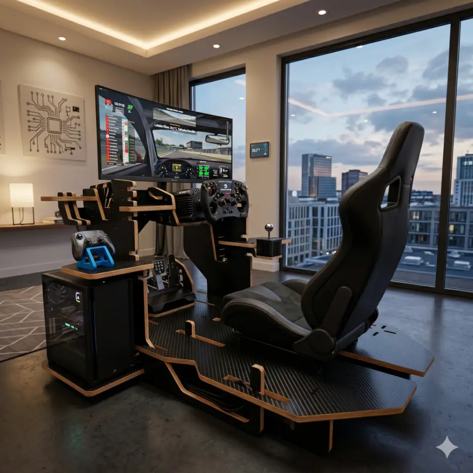 A photorealistic render of the Turnifure Rockpit - Sim Racing Cockpit, featuring sleek Carbon Fiber vinyl surfaces and natural Plywood edges, set in a modern German gaming room during a partly cloudy evening. The highly adjustable CNC design is ready for intense sim racing, complemented by a subtle blue accent from a tech accessory.