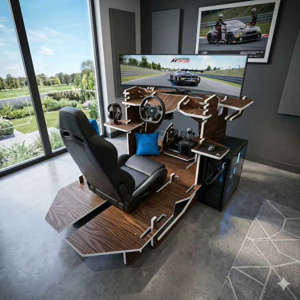 Photorealistic render of a Rockpit - Sim Racing Cockpit with Zebrano woodgrain surfaces and matte white edges, set in a modern gaming room with a clear sky view. A racing-themed accent in #0098ff blue adds a pop of color.