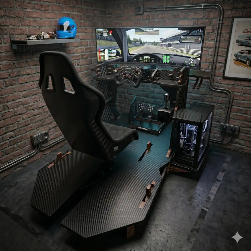 Rockpit CNC-ready sim racing cockpit in carbon fiber finish with adjustable monitor stand and universal gear mounts.