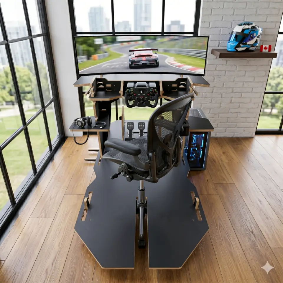 A photorealistic black melamine sim racing cockpit with plywood edges in a bright modern interior with a view of clear skies.