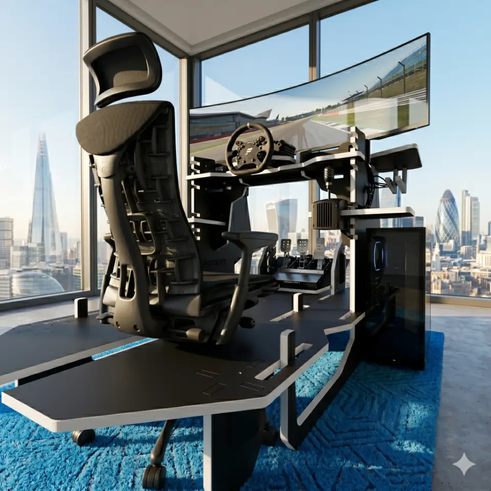 A high-contrast Rockpit sim racing cockpit in black melamine with white edges, showcasing a professional gaming setup in a modern apartment.