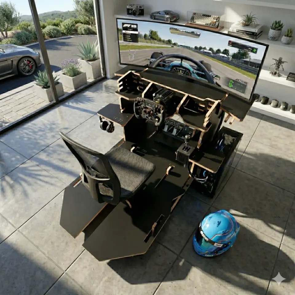 Photorealistic 3D render of the Rockpit Sim Racing Cockpit featuring a sleek black melamine surface and natural plywood exposed edges, set in a modern US-style home office.