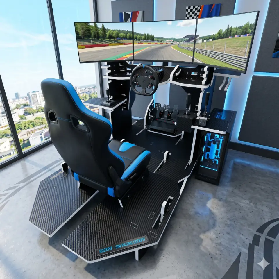 Photorealistic render of the Turnifure Rockpit Sim Racing Cockpit. The cockpit features a sleek carbon fiber vinyl surface with contrasting matte white edges, designed for optimal ergonomics and adjustability for sim racers. It is situated in a modern, well-lit gaming room with multiple monitors, high-tech gaming peripherals, and a blue gaming chair, with an 'out the window' view showing clear skies and mild weather.
