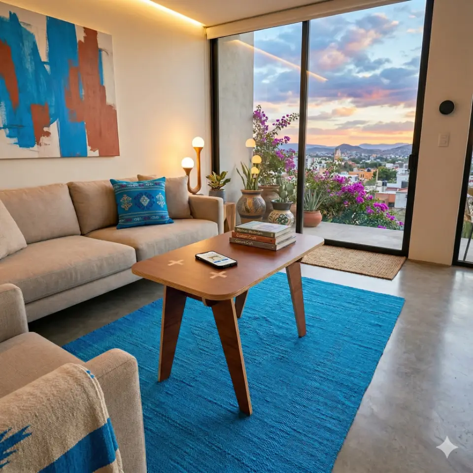 A beautifully styled flexTable coffee table in Mahogany woodgrain with plywood edges, situated in a modern Mexican living room at dusk. The room features subtle, contemporary decor, and through the window, a partly cloudy sky with a temperature of 20.1°C is visible. A prominent blue (#0098ff) accent, possibly a rug or art, adds a pop of color.