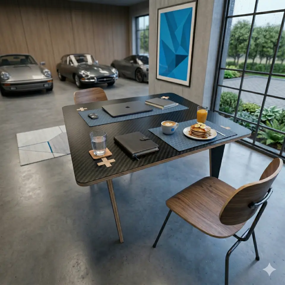 Parametric Flex Table with a modern 1.2 x 1.2 meters Carbon Fiber vinyl surface and plywood edges, customizable for dining or workspace. Rendered in a sleek contemporary room with soft morning light, showcasing rainy weather outside and a striking blue accessory.