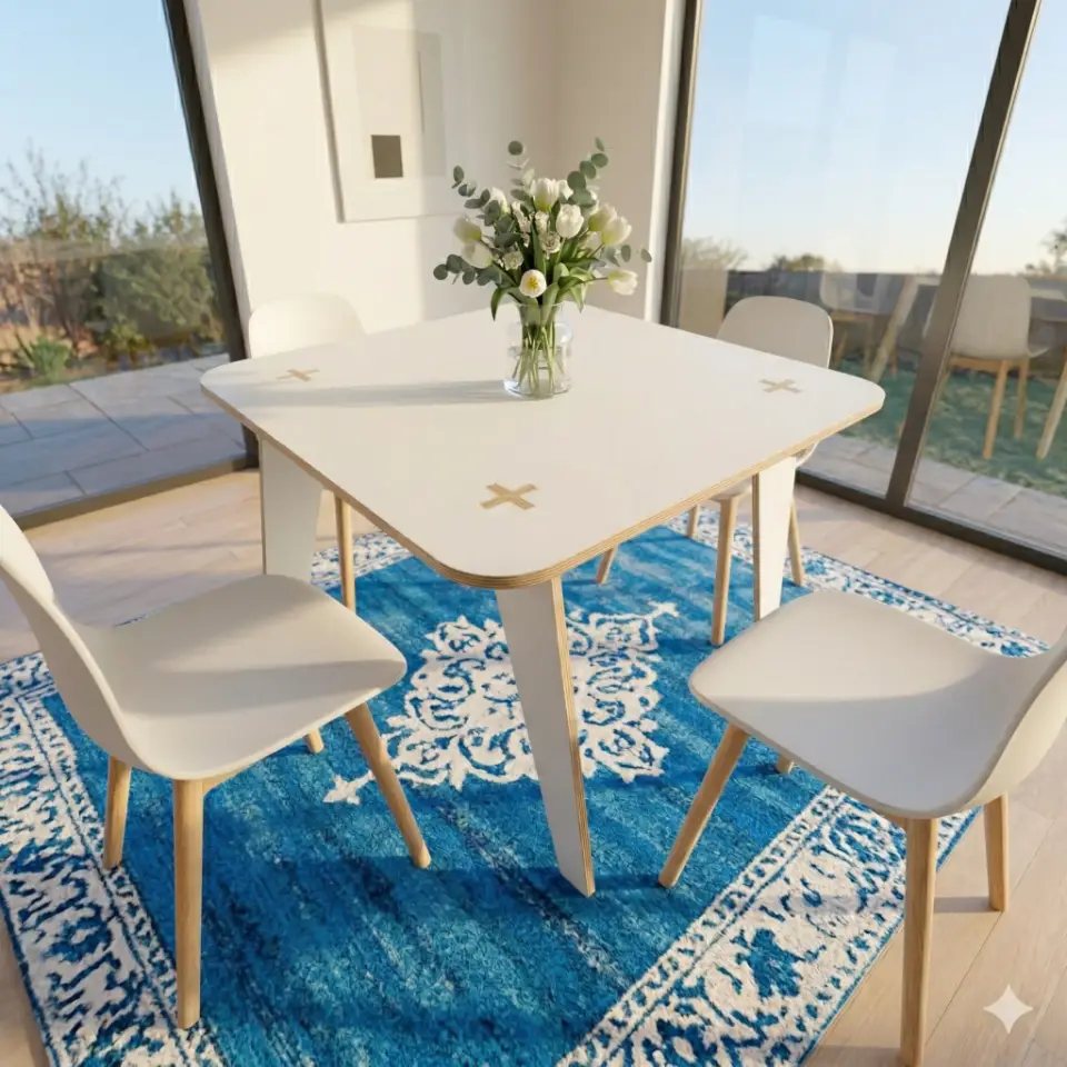 A modern square FlexTable dining table rendered with white melamine surfaces and natural plywood edges, set in a brightly lit early morning dining room with an ocean blue rug and a clear sky view.