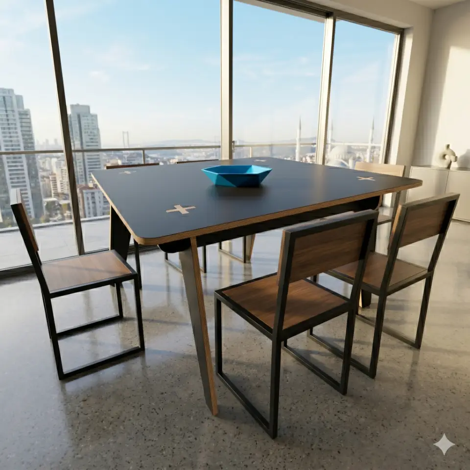 A sophisticated 1150mm square dining table featuring a black melamine top and exposed plywood edges, rendered in a sunlit modern apartment with clear skies visible through the window.
