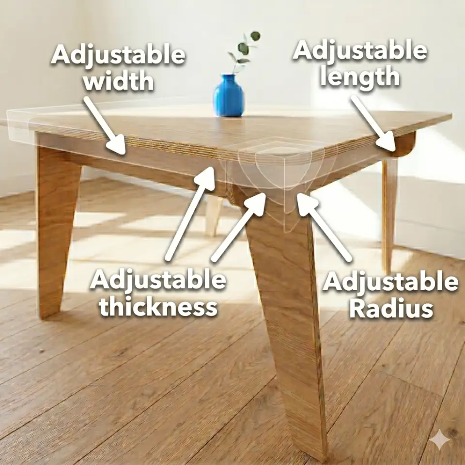 A birch plywood square dining table with 18mm thickness and custom 80mm rounded corners, designed using Turnifure ModMaker for CNC manufacturing.