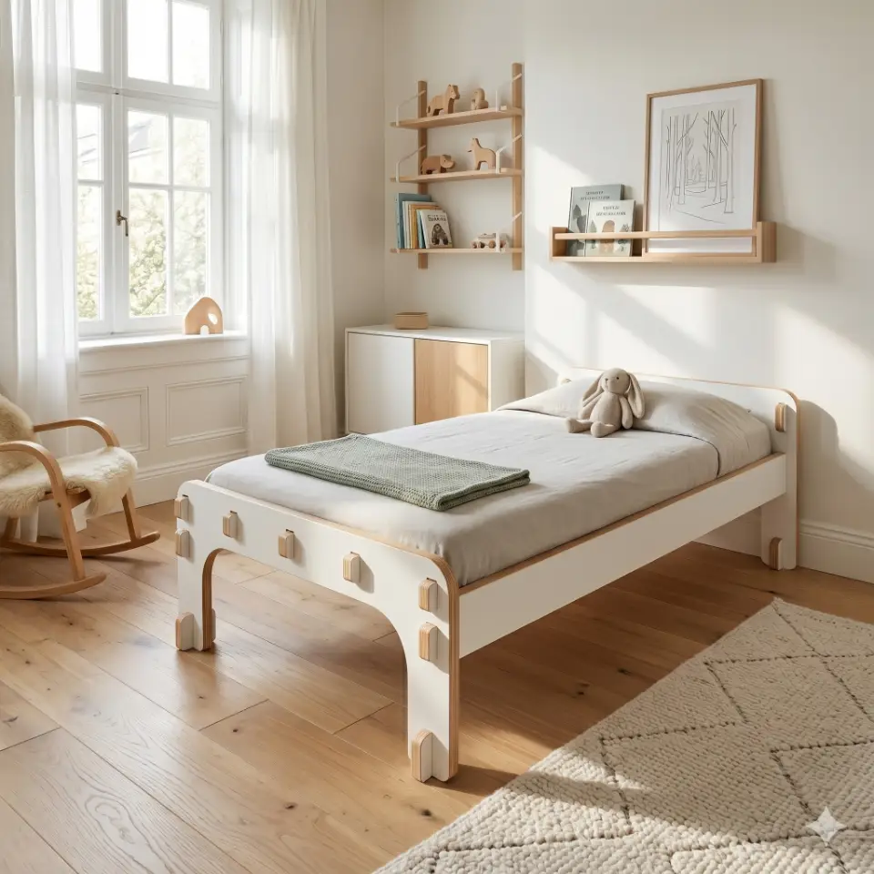A modern toddler-sized bed made from birch plywood featuring a parametric design with visible slat grid and CNC-ready joinery.