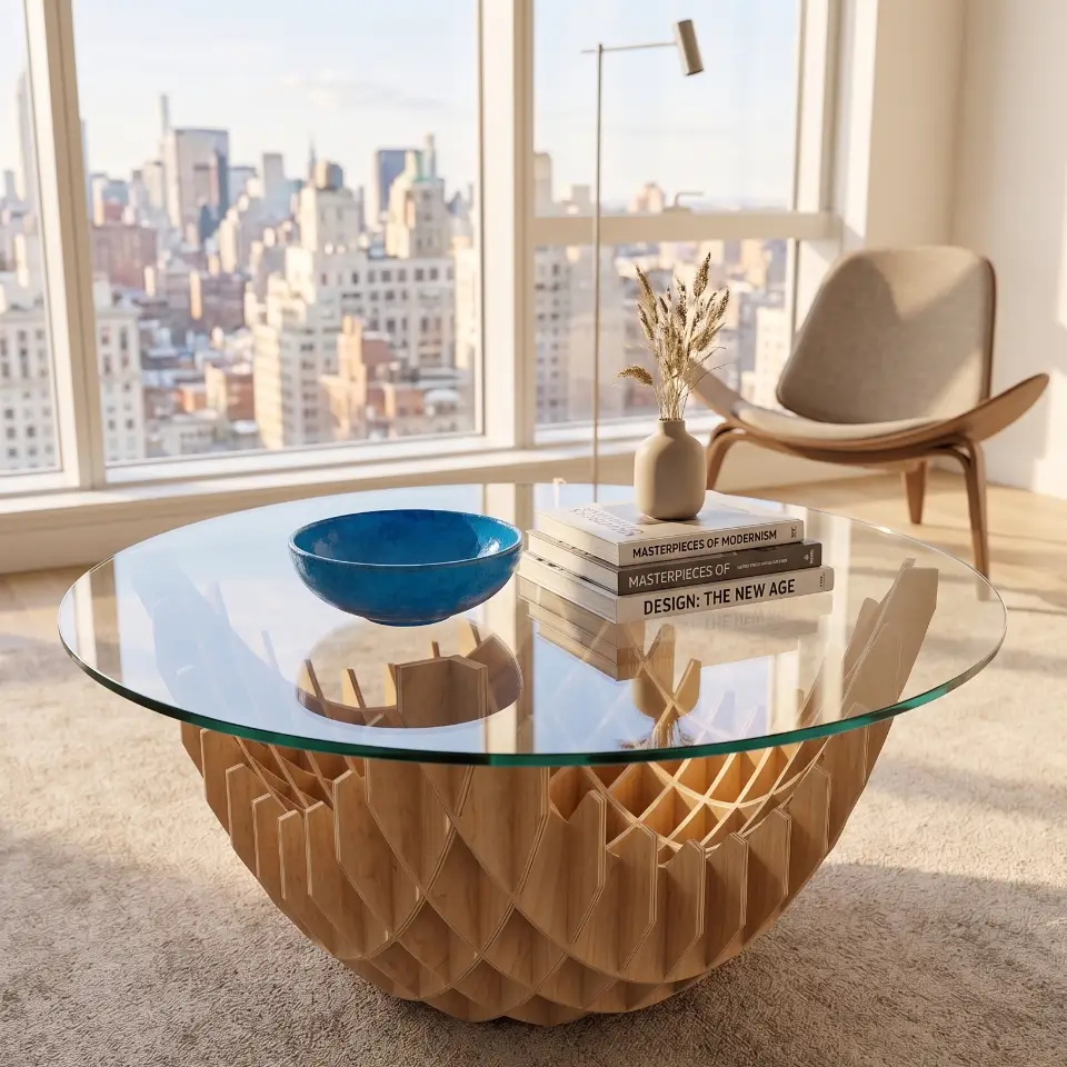 Modern Birch wood coffee table with curvy grid legs, CNC ready design rendered in a sunlit Scandinavian living room.