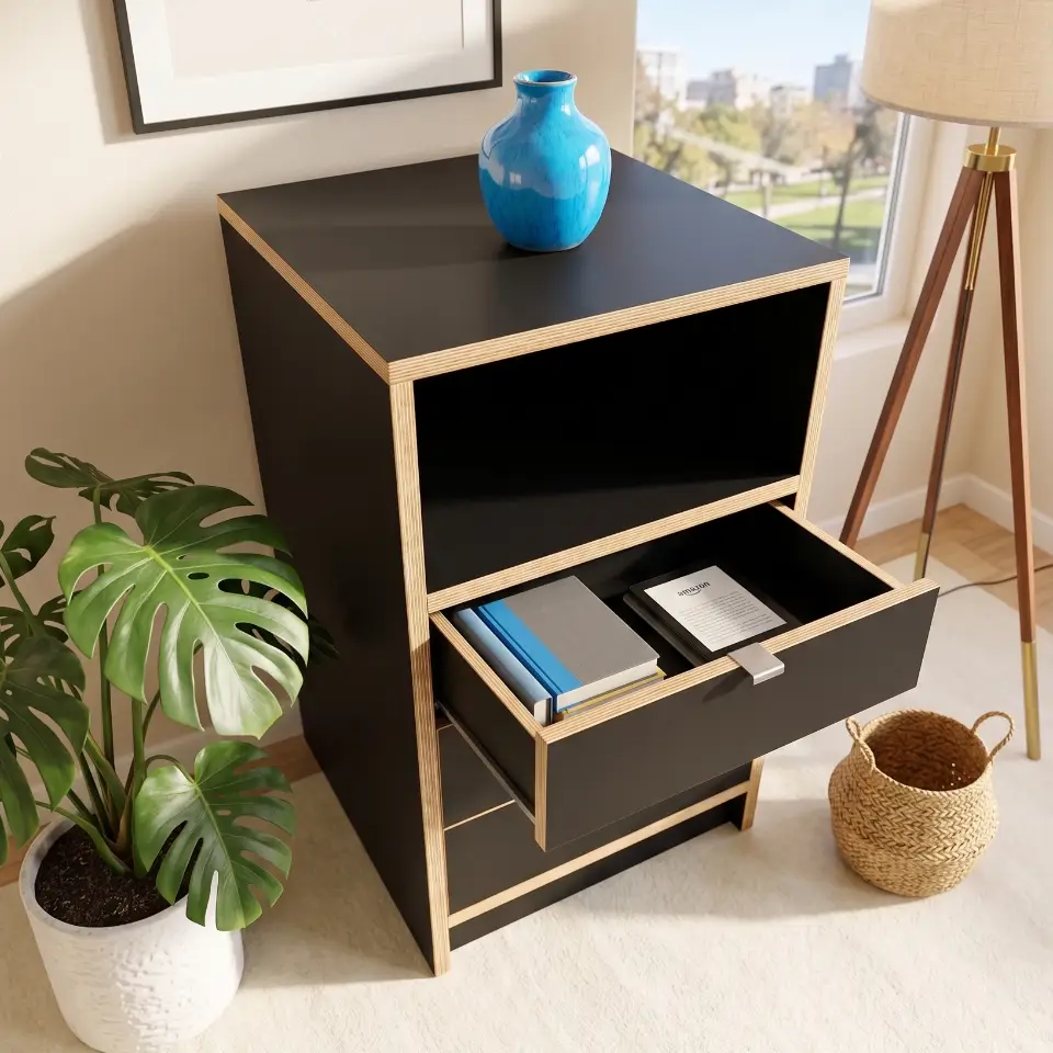 Modern tall drawer cabinet with open top shelf, black melamine surface and exposed plywood edges in a bright living space.