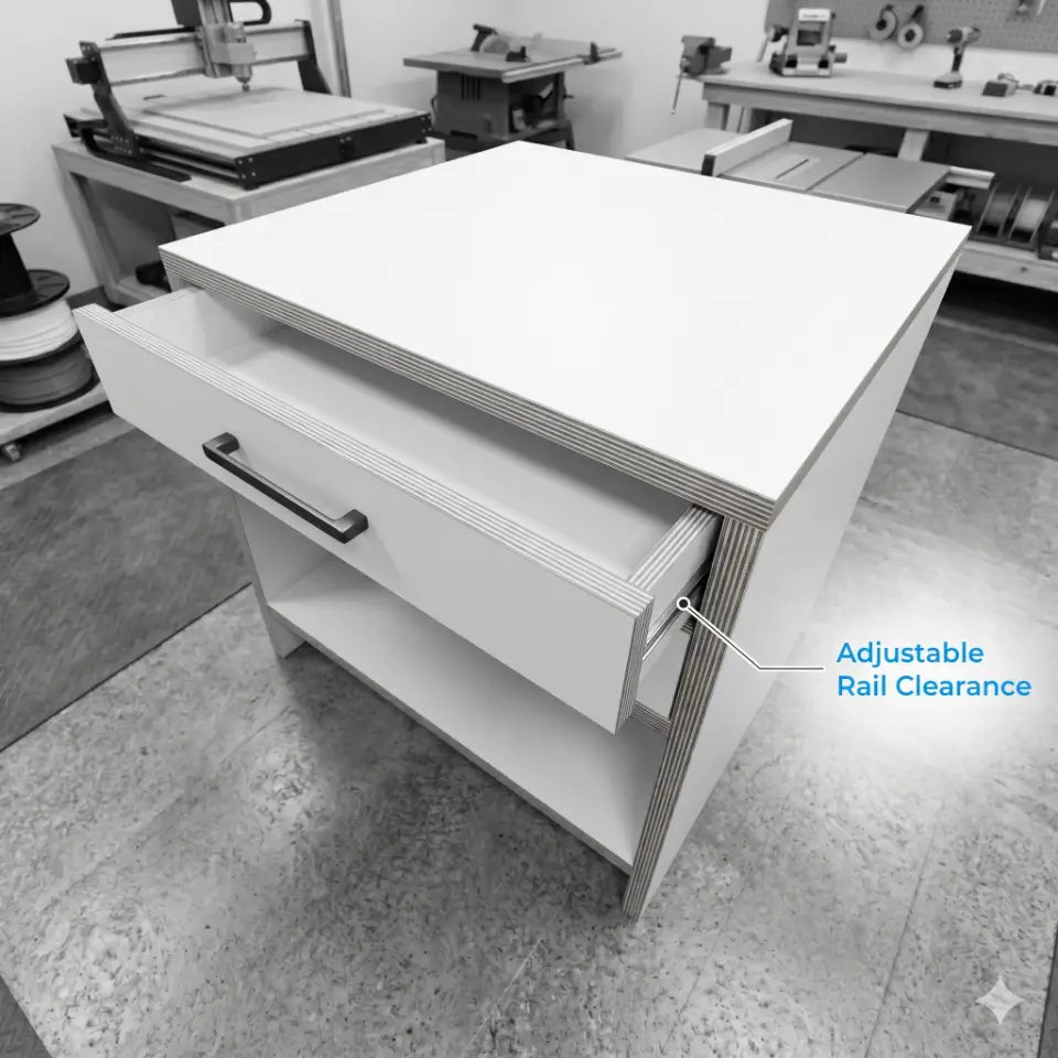 Close-up of a CNC-cut drawer cabinet highlighting the customizable rail clearance for perfect hardware fitment.