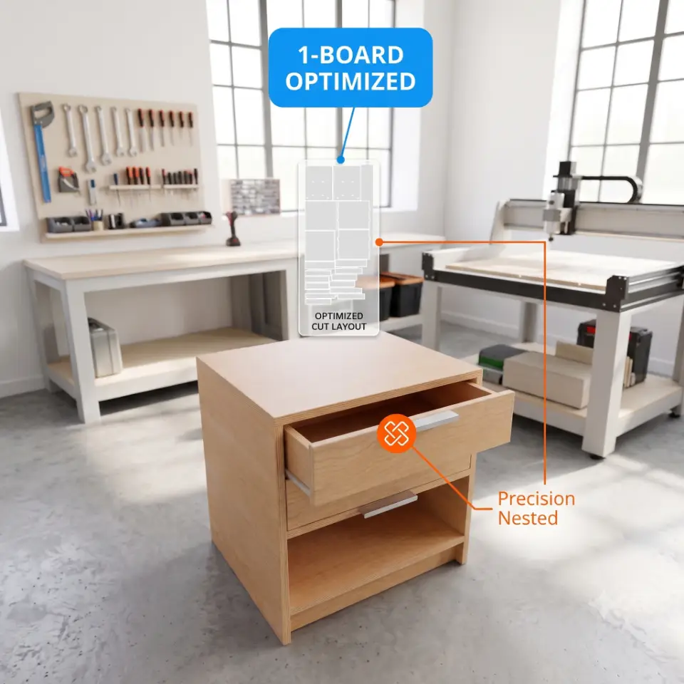 Customizable CNC-ready drawer cabinet design using a single board optimization strategy with plywood finish.