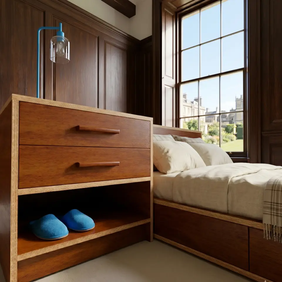 A photorealistic render of a custom-designed Mahogany drawer cabinet with exposed plywood edges in a bright, modern UK-style home office.