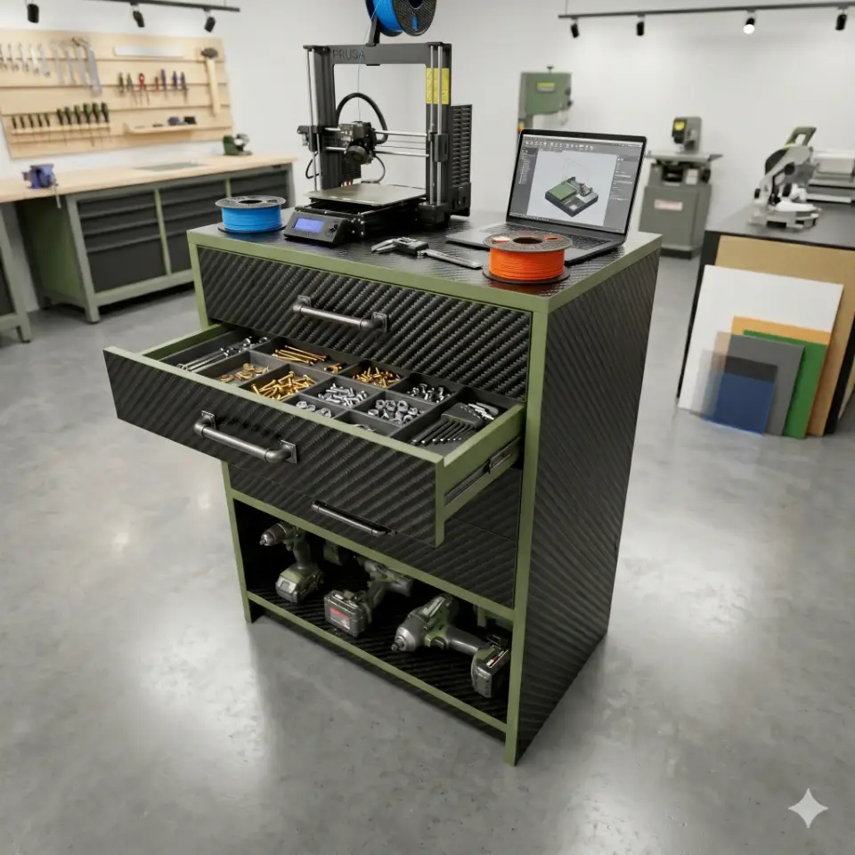 Customizable CNC-ready tool cabinet with three drawers and an open bottom shelf in carbon fiber finish.