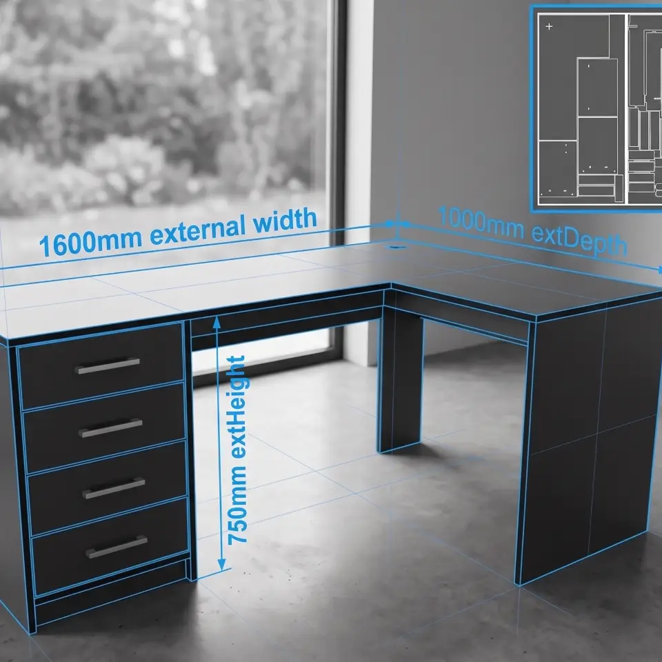 L-Desk with Drawers Module (beta) - Compact Home Office - Material: 3/4 in view