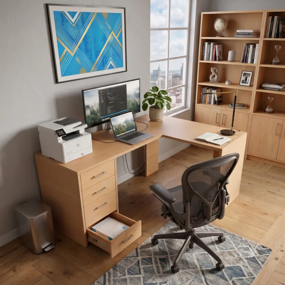 Modern L-shaped desk with drawers in Birch woodgrain with exposed plywood edges, set in a cozy home office.
