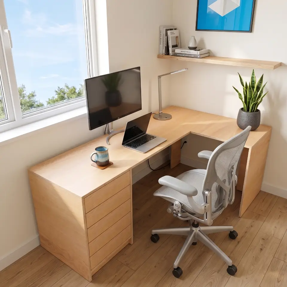 A beautiful L-shaped executive desk made of Birch wood with raw plywood edges in a bright, modern home office.