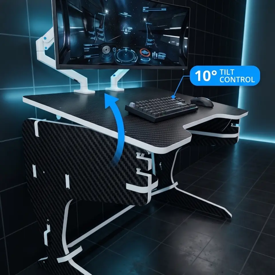 playDesk2 CNC furniture plans featuring a 10-degree adjustable tilt desktop in carbon fiber finish and 3/4 inch plywood thickness.
